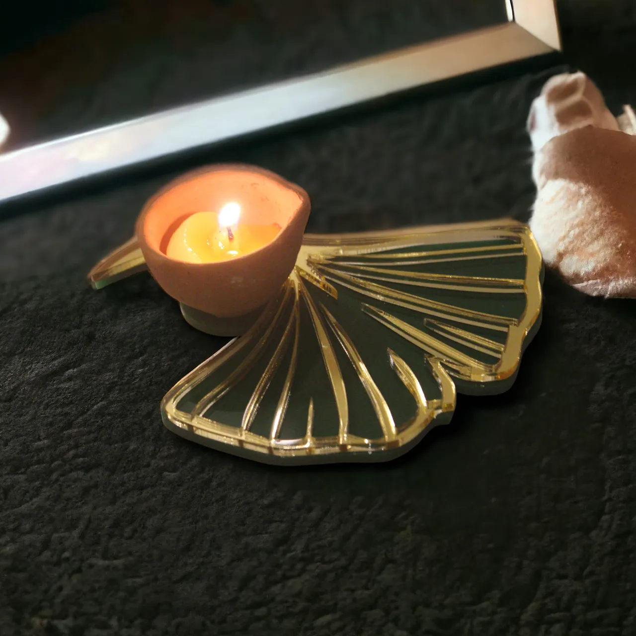 Gingko Leaf Diya Cradle (clay diya and pure cow ghee baati included)